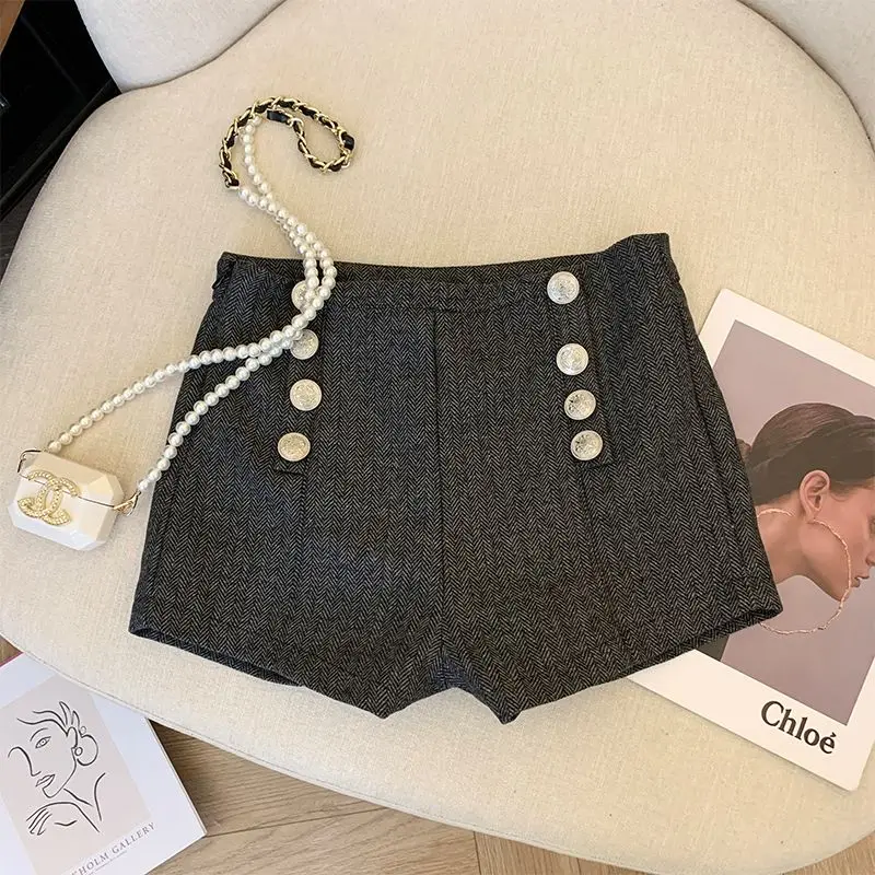 Vintage Woolen Shorts for Women High Waist Double-breasted Pants 2025 New Bottoms Temperament Thicked Pantalones Cortos De Mujer