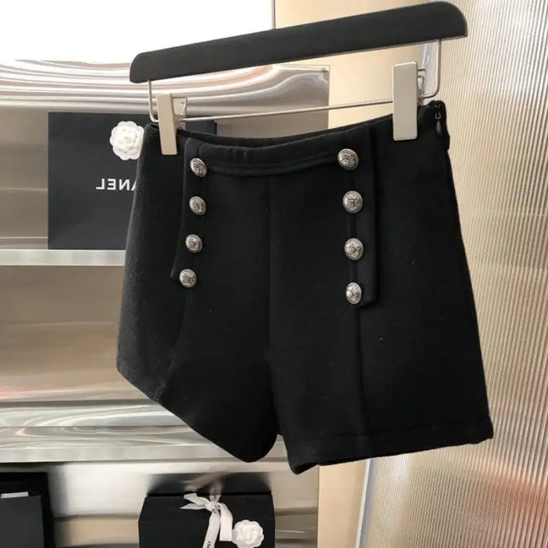 Vintage Woolen Shorts for Women High Waist Double-breasted Pants 2025 New Bottoms Temperament Thicked Pantalones Cortos De Mujer
