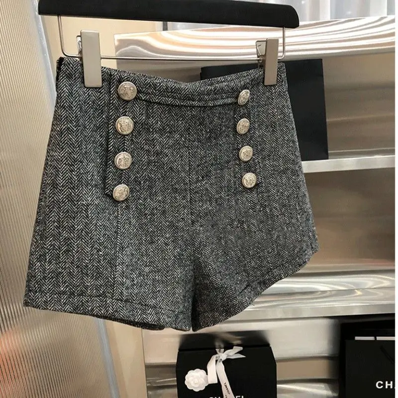 Vintage Woolen Shorts for Women High Waist Double-breasted Pants 2025 New Bottoms Temperament Thicked Pantalones Cortos De Mujer