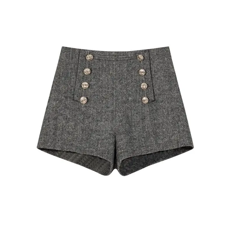 Vintage Woolen Shorts for Women High Waist Double-breasted Pants 2025 New Bottoms Temperament Thicked Pantalones Cortos De Mujer