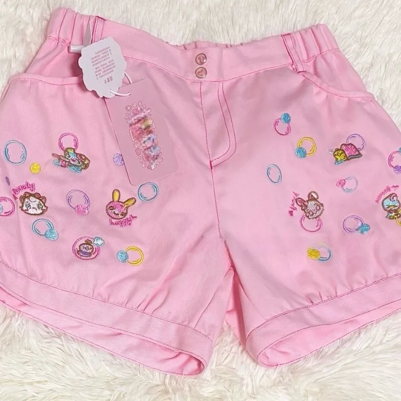 Japanese Preppy Style Kawaii Cartoon Embroidery Shorts Y2k Aesthetic Summer All Match Short Pant Harajuku High Street Shorts