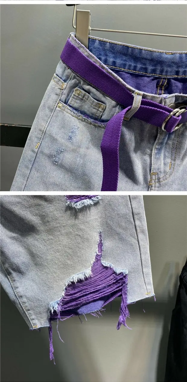 Multi-color Holed Denim Shorts Women Summer New High Waist Loose Straight Streetwear Shorts Fashion Niche Versatile Short Jeans
