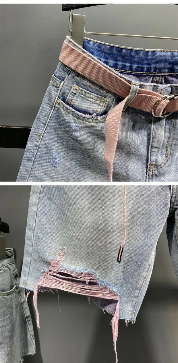 Multi-color Holed Denim Shorts Women Summer New High Waist Loose Straight Streetwear Shorts Fashion Niche Versatile Short Jeans
