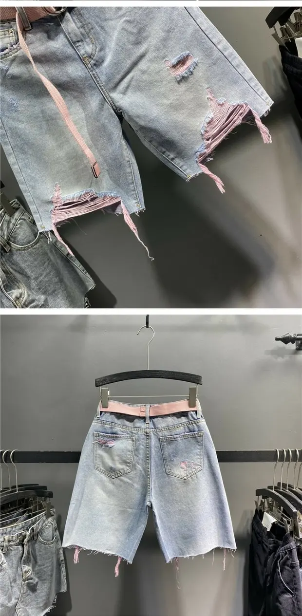 Multi-color Holed Denim Shorts Women Summer New High Waist Loose Straight Streetwear Shorts Fashion Niche Versatile Short Jeans