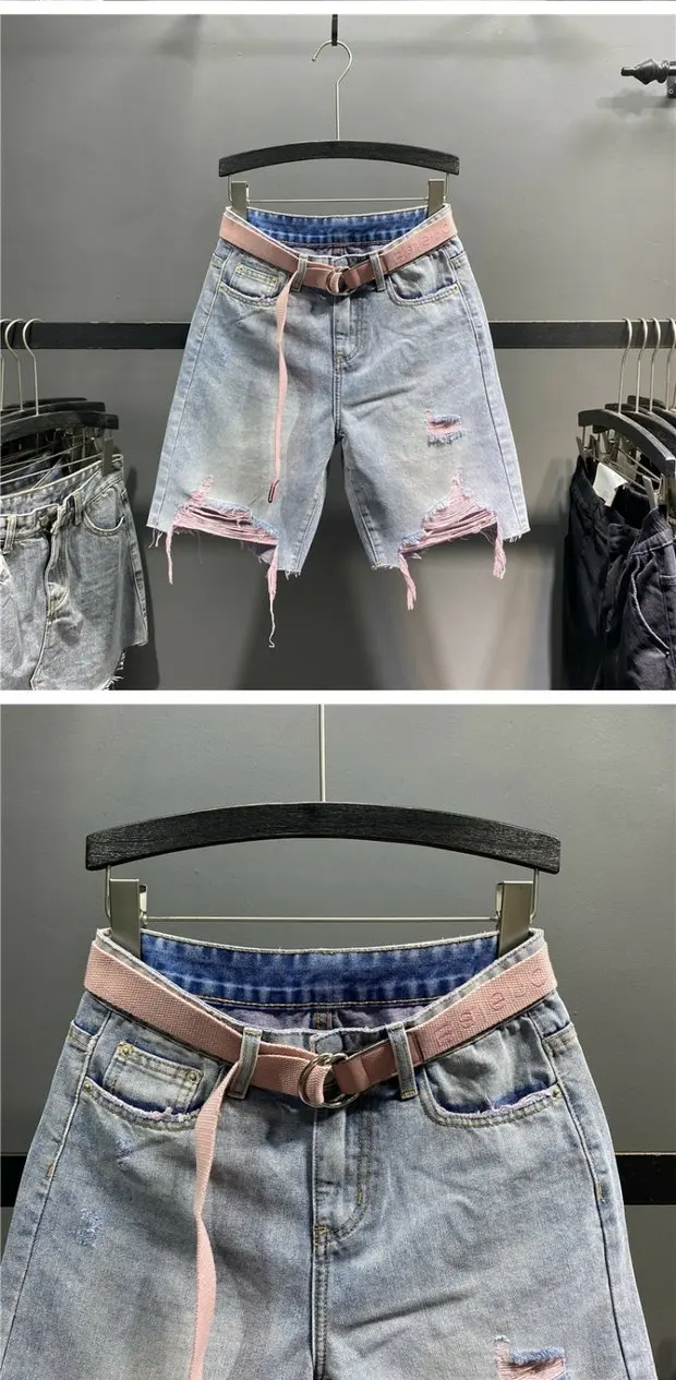 Multi-color Holed Denim Shorts Women Summer New High Waist Loose Straight Streetwear Shorts Fashion Niche Versatile Short Jeans