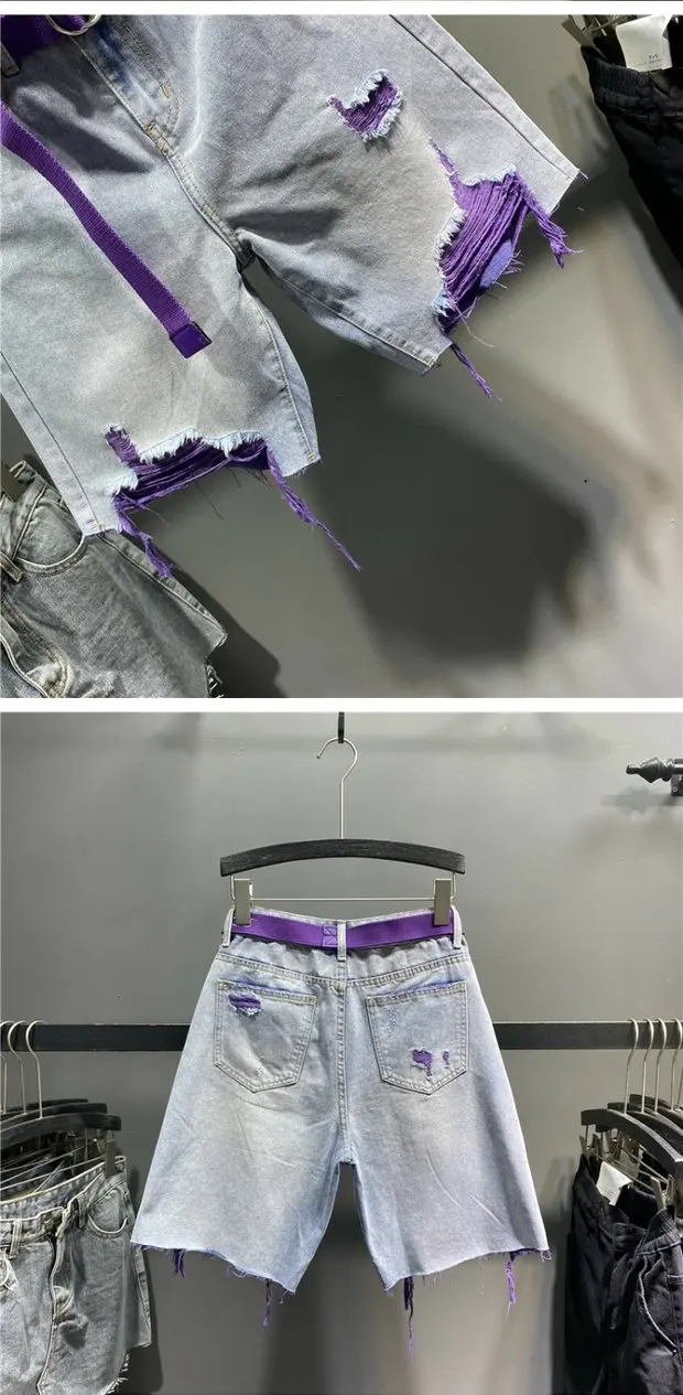 Multi-color Holed Denim Shorts Women Summer New High Waist Loose Straight Streetwear Shorts Fashion Niche Versatile Short Jeans