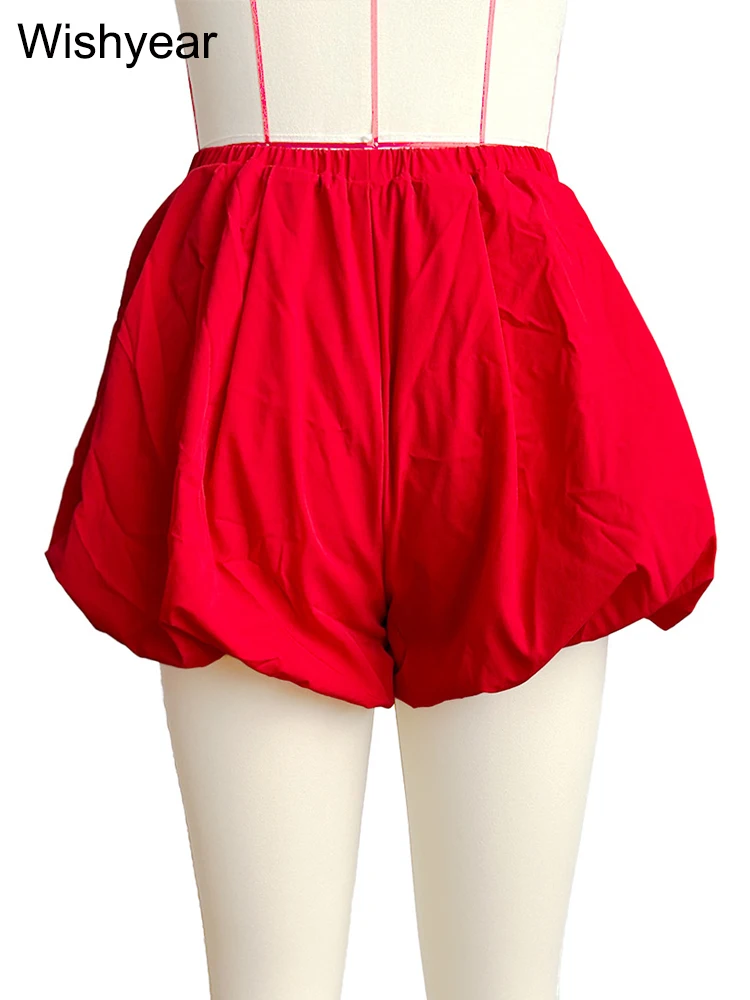 Casual Pleated Double Bubble Baddie Shorts for Women Elastic Waist Red Pants Summer Beach Y2k Streetwear Vacation Club Outfit