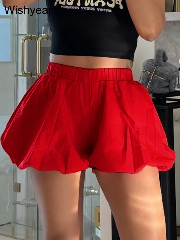 Casual Pleated Double Bubble Baddie Shorts for Women Elastic Waist Red Pants Summer Beach Y2k Streetwear Vacation Club Outfit