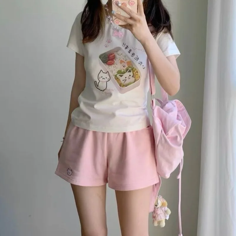 Cat Embroidery Shorts Women's Cute Japanese Summer Sweet Wide Leg Pants Pantalones Cortos De Mujer Casual Fashion Short Mujer