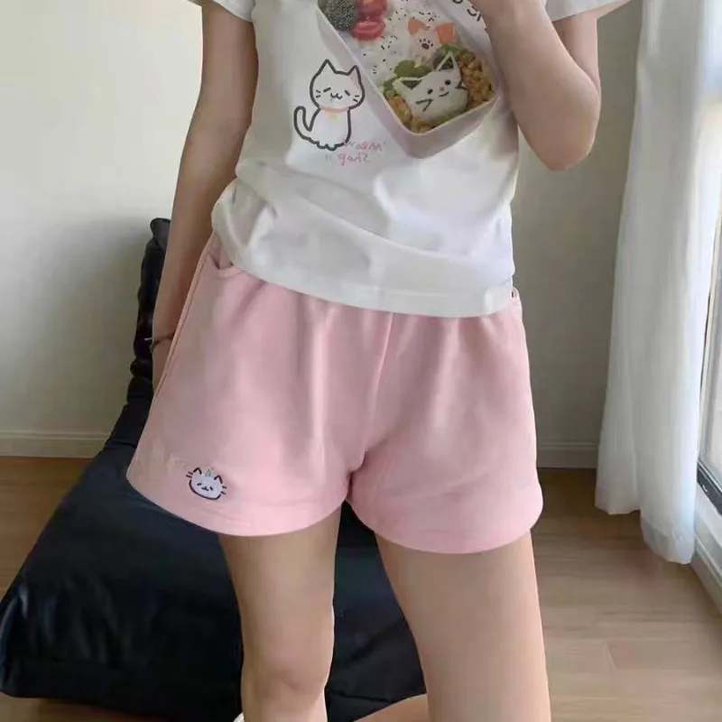 Cat Embroidery Shorts Women's Cute Japanese Summer Sweet Wide Leg Pants Pantalones Cortos De Mujer Casual Fashion Short Mujer