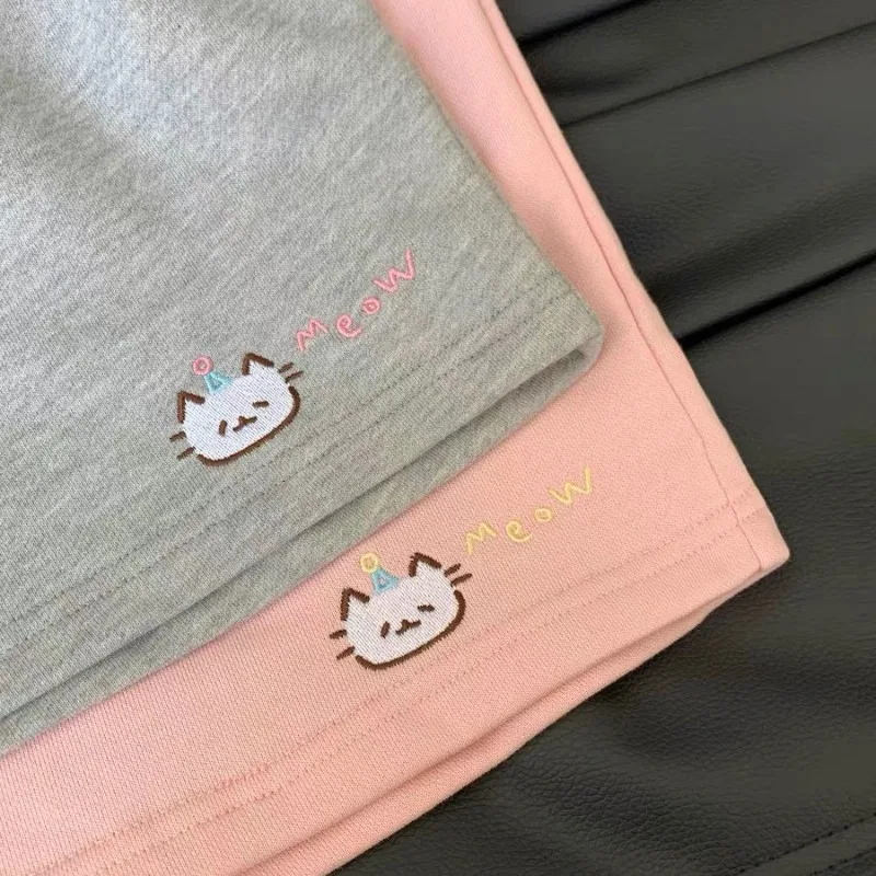 Cat Embroidery Shorts Women's Cute Japanese Summer Sweet Wide Leg Pants Pantalones Cortos De Mujer Casual Fashion Short Mujer