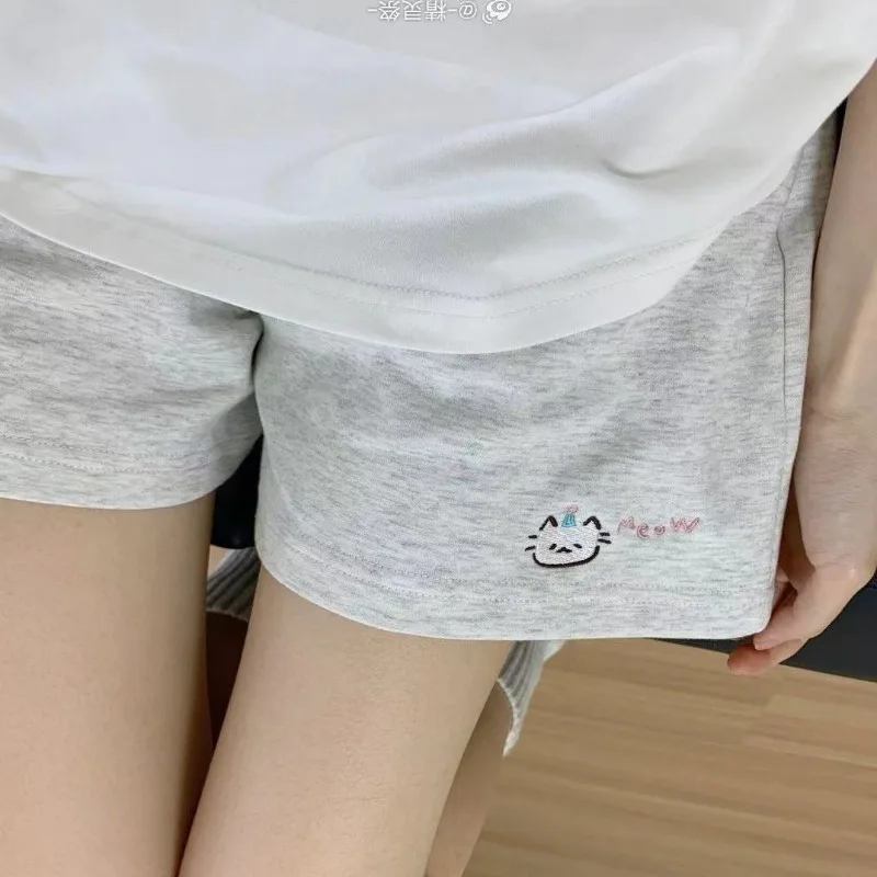 Cat Embroidery Shorts Women's Cute Japanese Summer Sweet Wide Leg Pants Pantalones Cortos De Mujer Casual Fashion Short Mujer