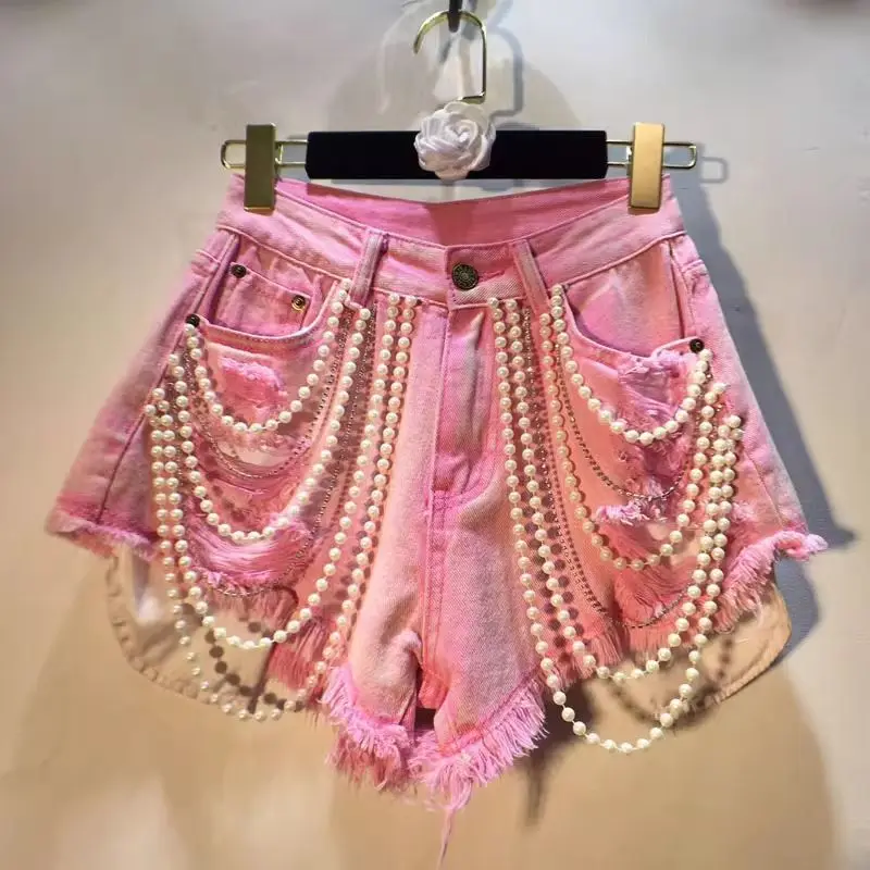 Trendy Women's Spliced Heavy Industry Pearl Chain Denim Shorts 2026 Summer High Waist A-line Short Pants Female Denim Shorts
