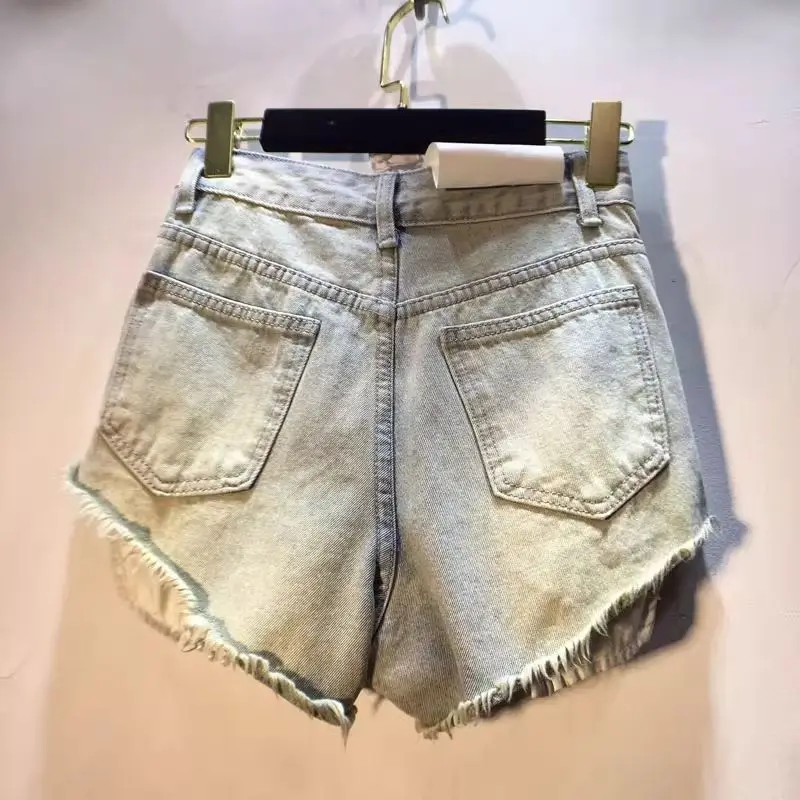 Trendy Women's Spliced Heavy Industry Pearl Chain Denim Shorts 2026 Summer High Waist A-line Short Pants Female Denim Shorts