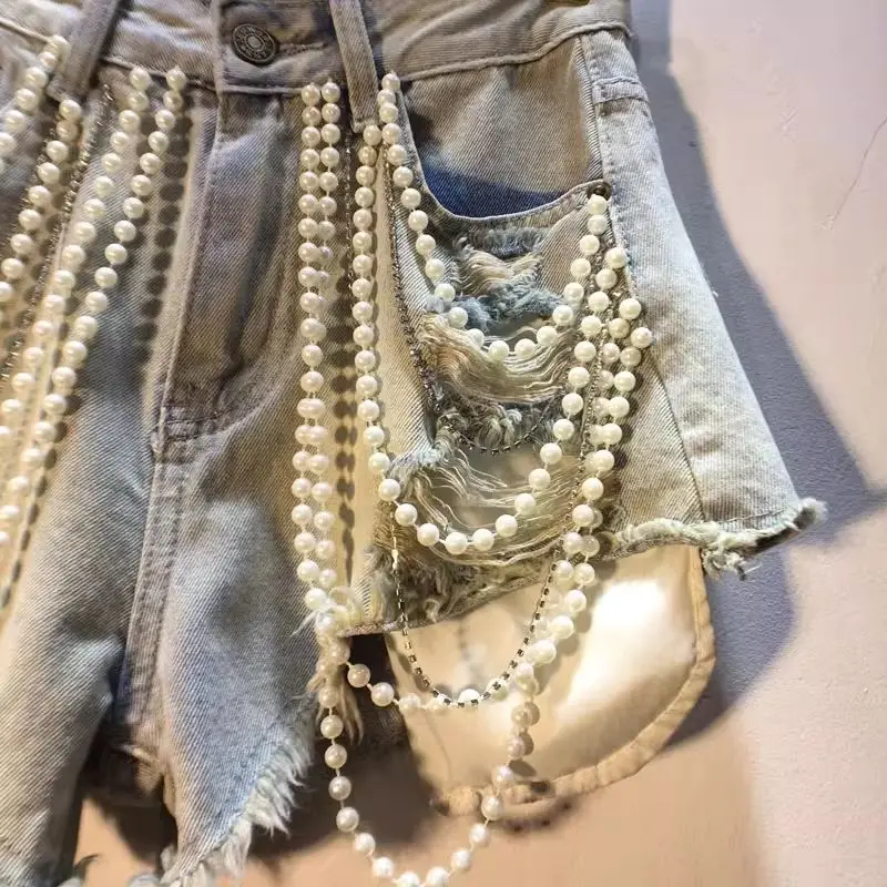 Trendy Women's Spliced Heavy Industry Pearl Chain Denim Shorts 2026 Summer High Waist A-line Short Pants Female Denim Shorts
