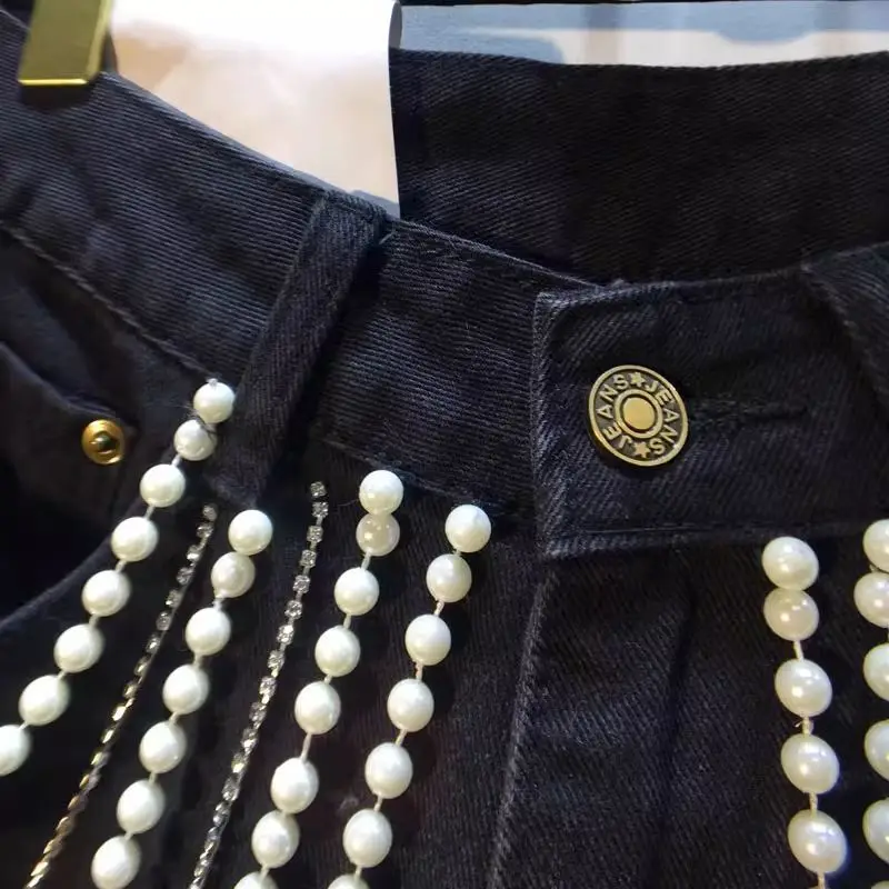 Trendy Women's Spliced Heavy Industry Pearl Chain Denim Shorts 2026 Summer High Waist A-line Short Pants Female Denim Shorts
