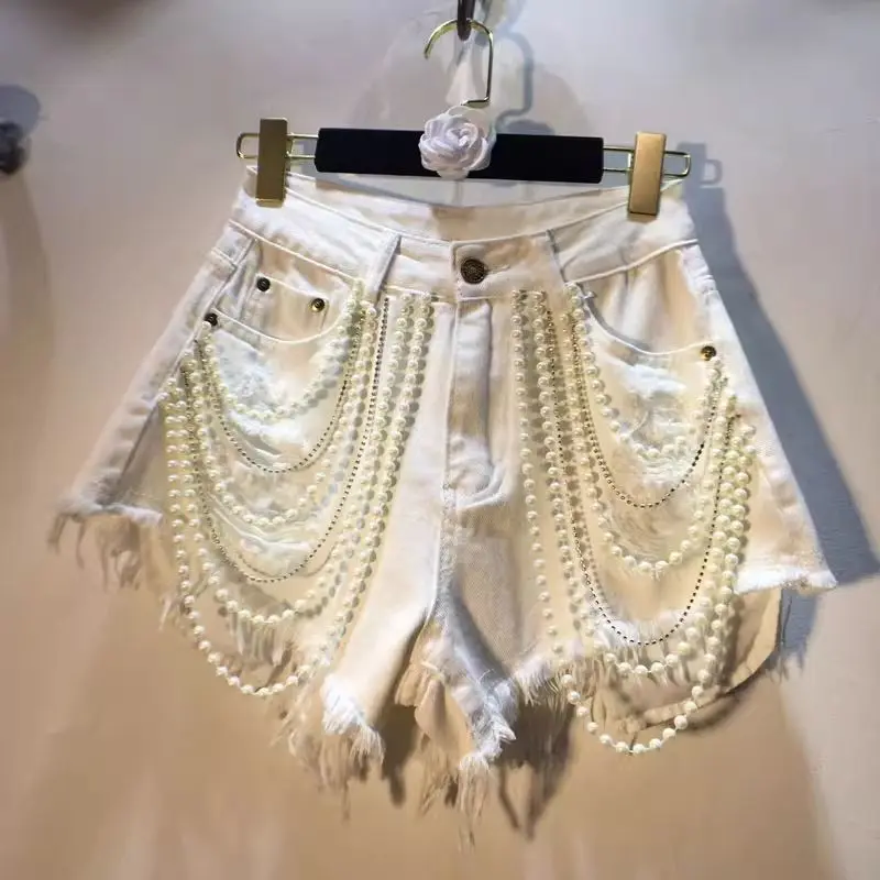 Trendy Women's Spliced Heavy Industry Pearl Chain Denim Shorts 2026 Summer High Waist A-line Short Pants Female Denim Shorts