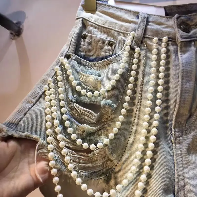 Trendy Women's Spliced Heavy Industry Pearl Chain Denim Shorts 2026 Summer High Waist A-line Short Pants Female Denim Shorts