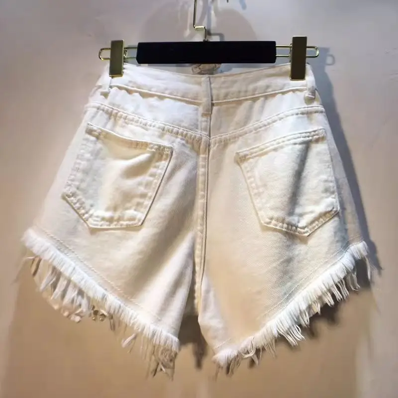 Trendy Women's Spliced Heavy Industry Pearl Chain Denim Shorts 2026 Summer High Waist A-line Short Pants Female Denim Shorts