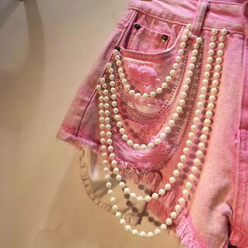 Trendy Women's Spliced Heavy Industry Pearl Chain Denim Shorts 2026 Summer High Waist A-line Short Pants Female Denim Shorts