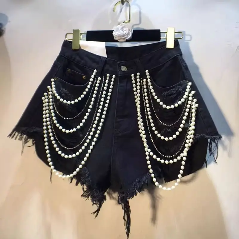 Trendy Women's Spliced Heavy Industry Pearl Chain Denim Shorts 2026 Summer High Waist A-line Short Pants Female Denim Shorts