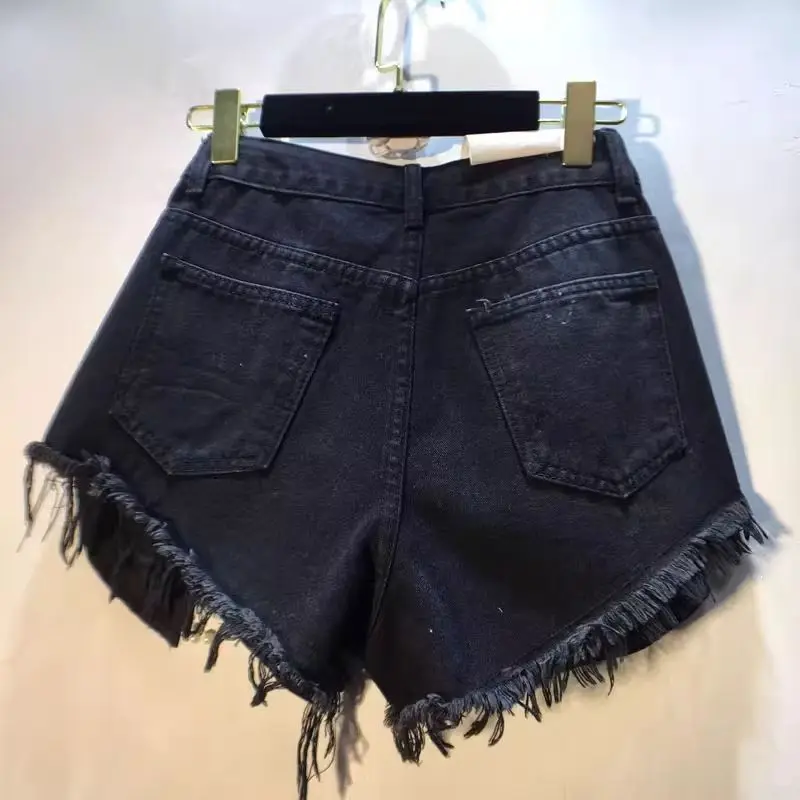 Trendy Women's Spliced Heavy Industry Pearl Chain Denim Shorts 2026 Summer High Waist A-line Short Pants Female Denim Shorts