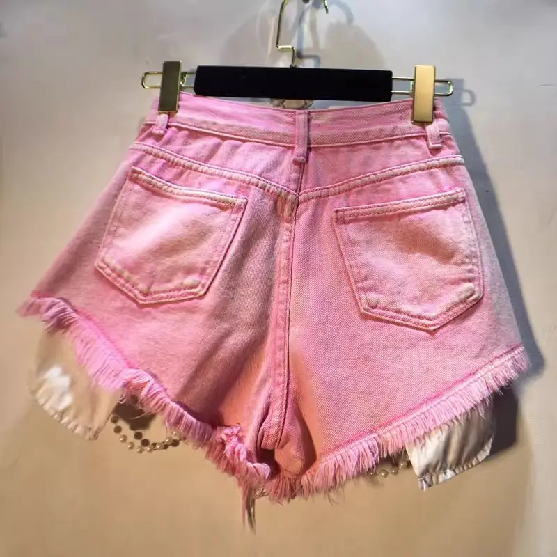 Trendy Women's Spliced Heavy Industry Pearl Chain Denim Shorts 2026 Summer High Waist A-line Short Pants Female Denim Shorts
