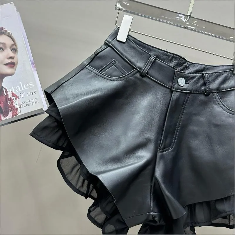 High Waist Women Sheepskin Genuine Leather Shorts Fashion Patchwork Wide Leg Mini Trousers Ladies Nightclub Party Sexy Shorts