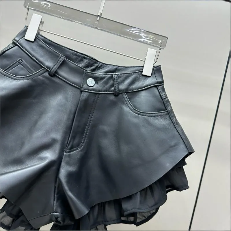 High Waist Women Sheepskin Genuine Leather Shorts Fashion Patchwork Wide Leg Mini Trousers Ladies Nightclub Party Sexy Shorts