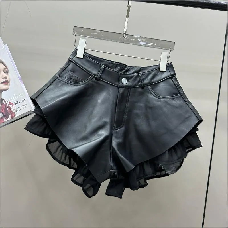 High Waist Women Sheepskin Genuine Leather Shorts Fashion Patchwork Wide Leg Mini Trousers Ladies Nightclub Party Sexy Shorts