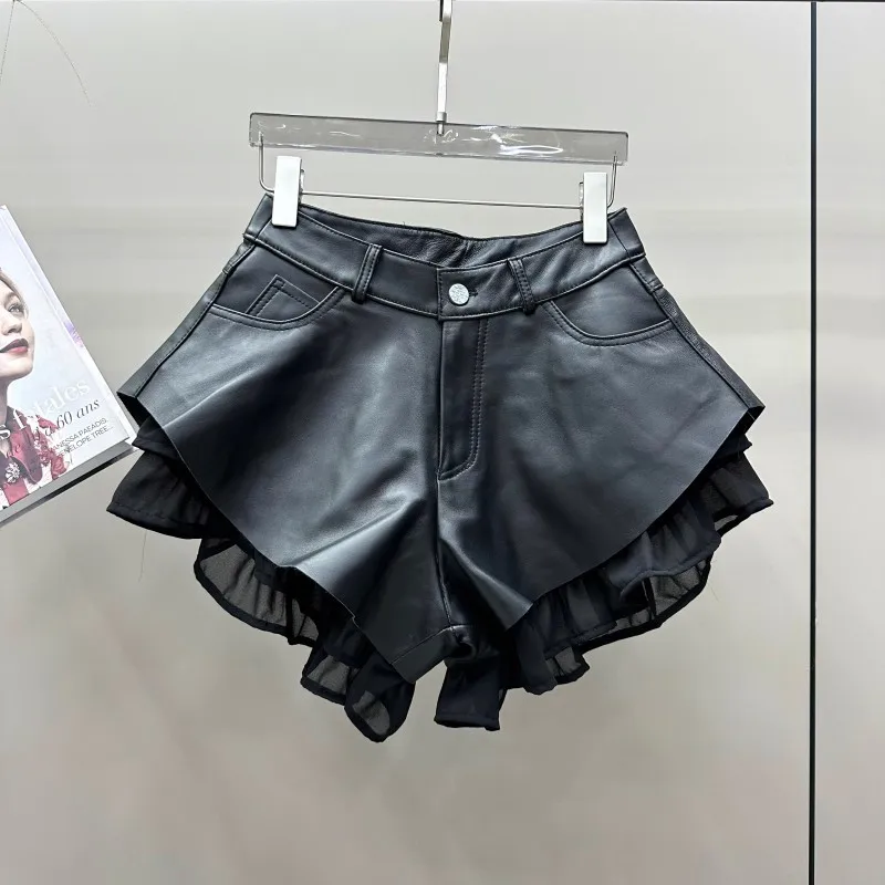 High Waist Women Sheepskin Genuine Leather Shorts Fashion Patchwork Wide Leg Mini Trousers Ladies Nightclub Party Sexy Shorts