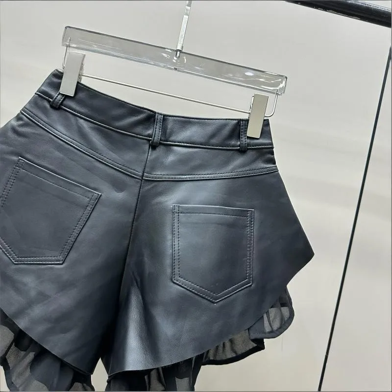 High Waist Women Sheepskin Genuine Leather Shorts Fashion Patchwork Wide Leg Mini Trousers Ladies Nightclub Party Sexy Shorts