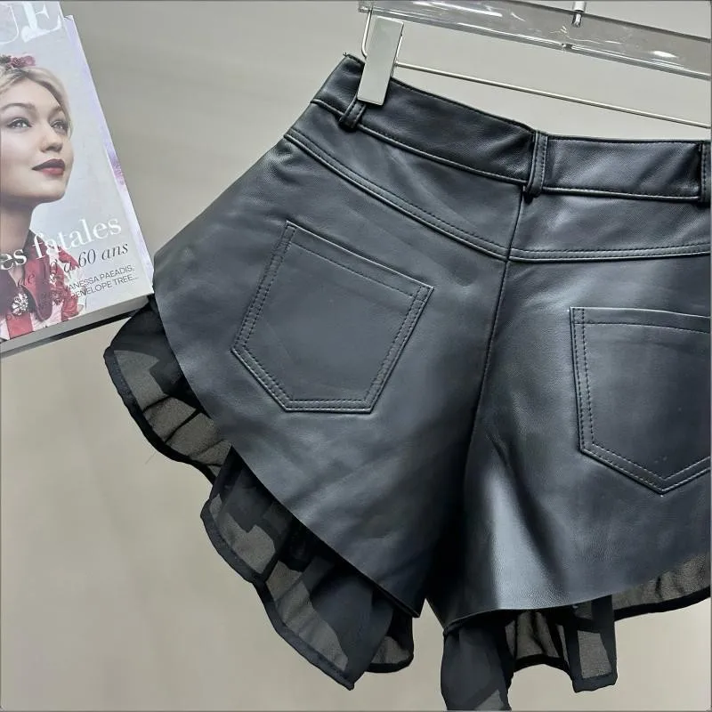 High Waist Women Sheepskin Genuine Leather Shorts Fashion Patchwork Wide Leg Mini Trousers Ladies Nightclub Party Sexy Shorts