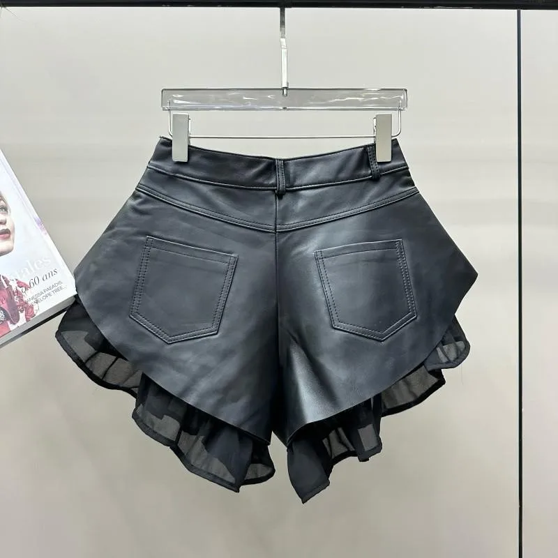 High Waist Women Sheepskin Genuine Leather Shorts Fashion Patchwork Wide Leg Mini Trousers Ladies Nightclub Party Sexy Shorts
