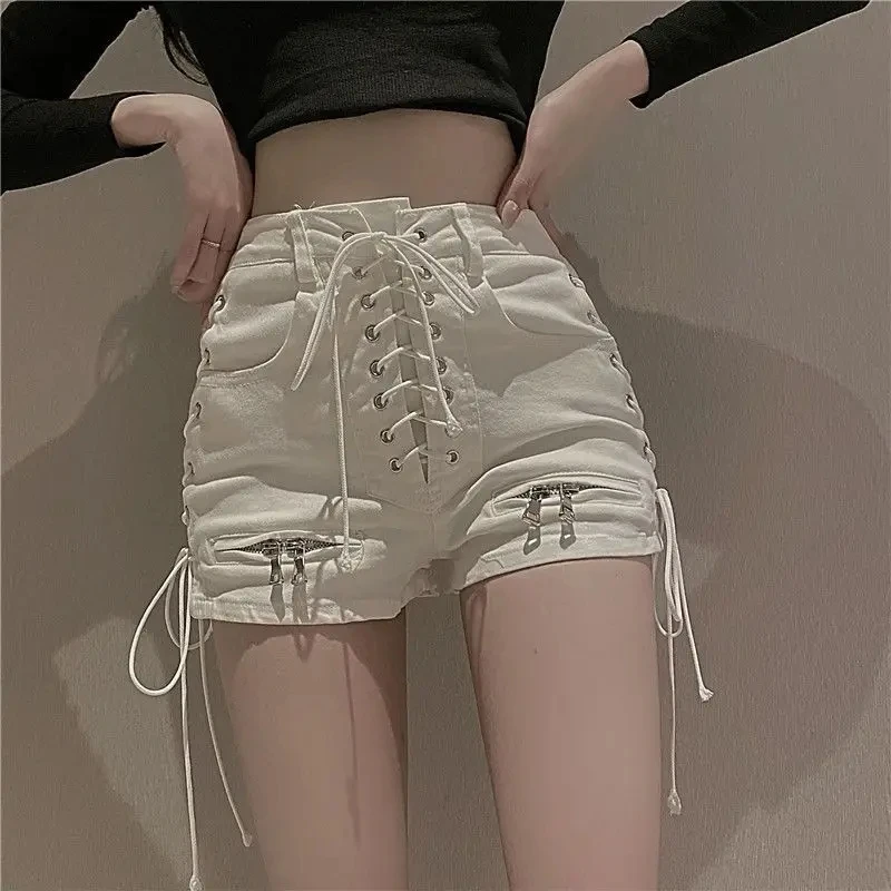 2026 New Bandage Sexy Denim Shorts Women Streetwear Gothic Jeans Mini High Waist Lace Up Casual Zip Black Goth Club Fashion