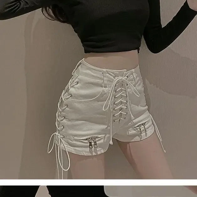 2026 New Bandage Sexy Denim Shorts Women Streetwear Gothic Jeans Mini High Waist Lace Up Casual Zip Black Goth Club Fashion