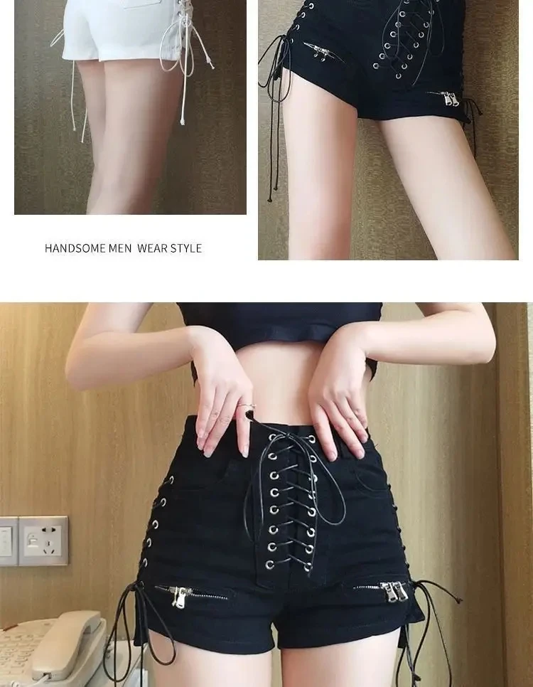 2026 New Bandage Sexy Denim Shorts Women Streetwear Gothic Jeans Mini High Waist Lace Up Casual Zip Black Goth Club Fashion