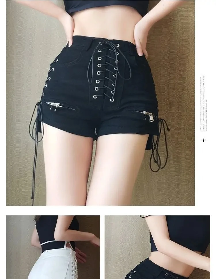 2026 New Bandage Sexy Denim Shorts Women Streetwear Gothic Jeans Mini High Waist Lace Up Casual Zip Black Goth Club Fashion