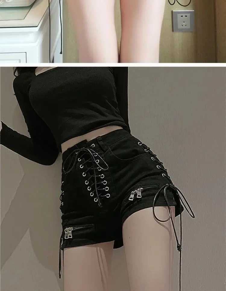 2026 New Bandage Sexy Denim Shorts Women Streetwear Gothic Jeans Mini High Waist Lace Up Casual Zip Black Goth Club Fashion