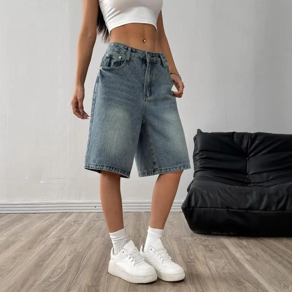 Women's Casual Bermuda Jean Shorts High Waisted Knee Length Baggy Jorts Wide Leg Breathable Loose Denim Shorts with Pockets