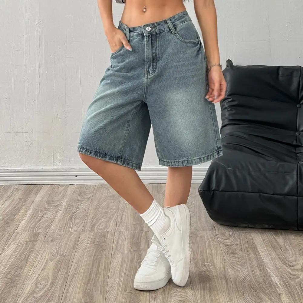 Women's Casual Bermuda Jean Shorts High Waisted Knee Length Baggy Jorts Wide Leg Breathable Loose Denim Shorts with Pockets