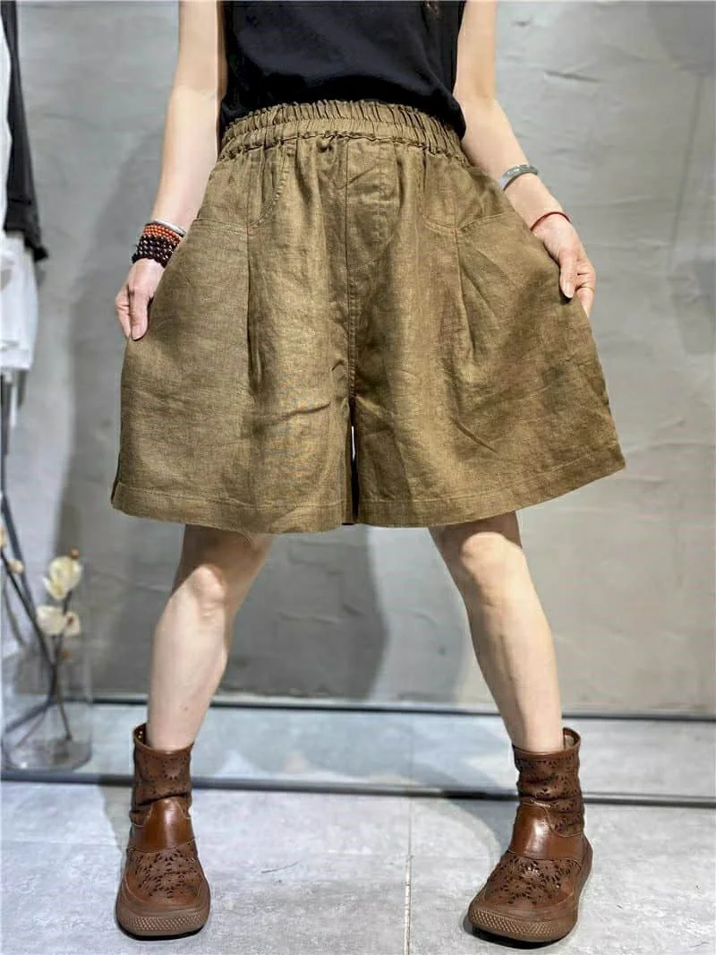 Cotton Linen Shorts Women Summer  Vintage Elastic Waist Wide Leg Pants Casual Loose Oversized Five-point Shorts Women Clothing