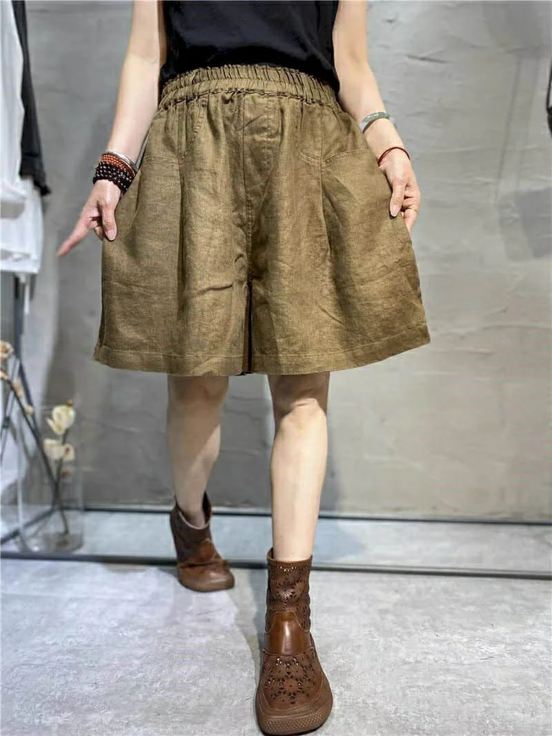 Cotton Linen Shorts Women Summer  Vintage Elastic Waist Wide Leg Pants Casual Loose Oversized Five-point Shorts Women Clothing