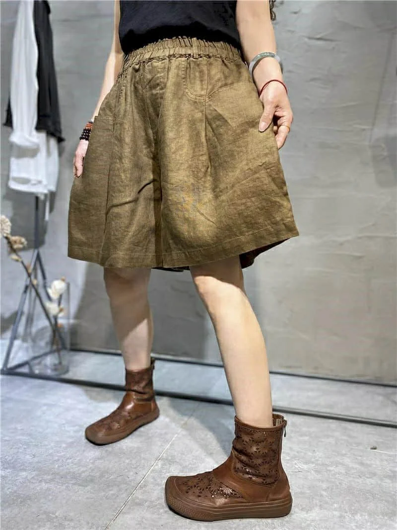 Cotton Linen Shorts Women Summer  Vintage Elastic Waist Wide Leg Pants Casual Loose Oversized Five-point Shorts Women Clothing