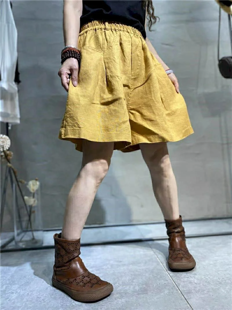 Cotton Linen Shorts Women Summer  Vintage Elastic Waist Wide Leg Pants Casual Loose Oversized Five-point Shorts Women Clothing