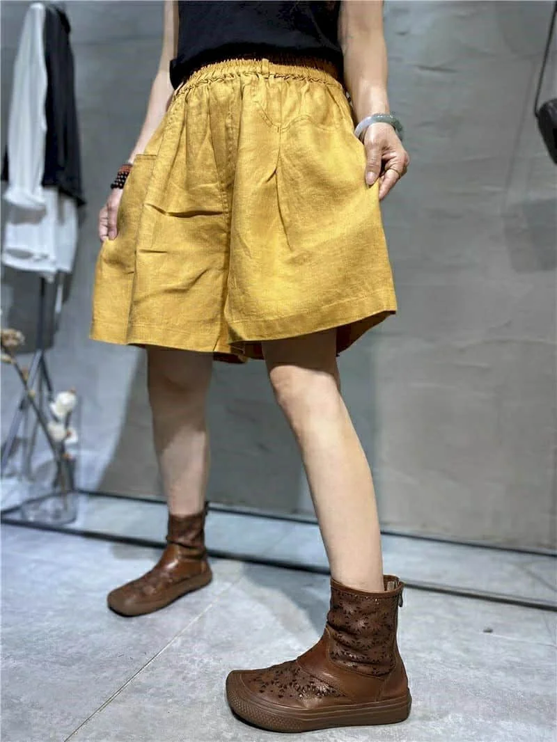 Cotton Linen Shorts Women Summer  Vintage Elastic Waist Wide Leg Pants Casual Loose Oversized Five-point Shorts Women Clothing