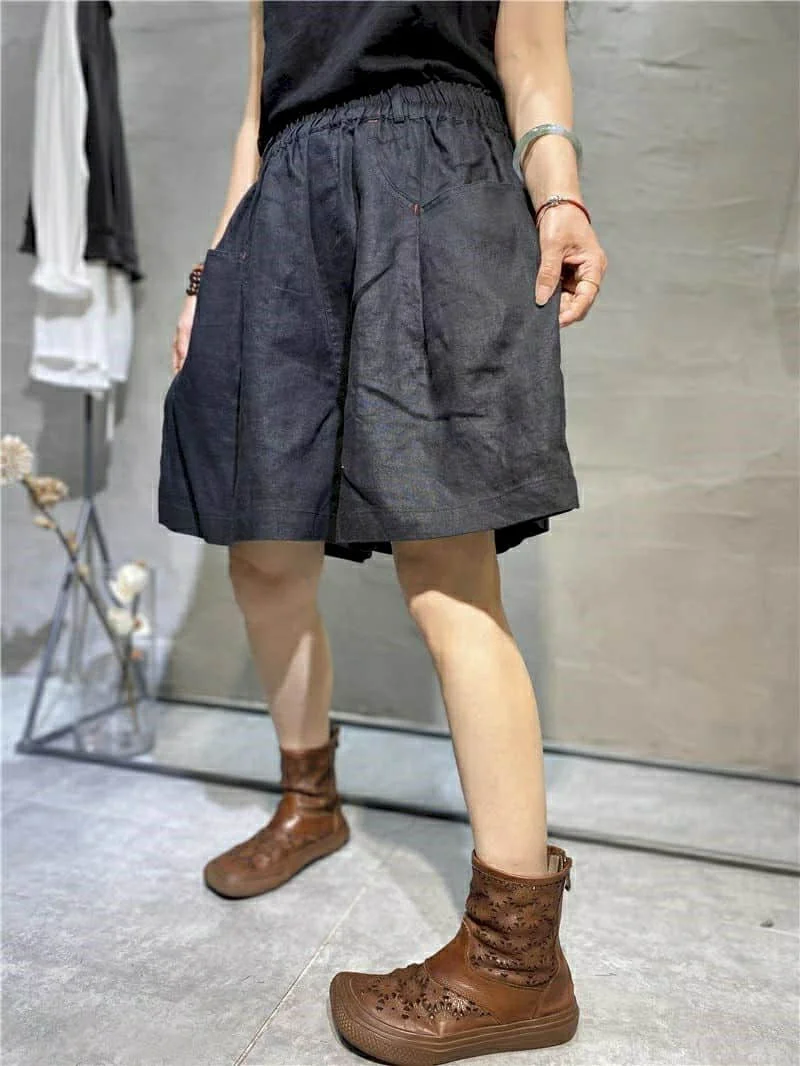 Cotton Linen Shorts Women Summer  Vintage Elastic Waist Wide Leg Pants Casual Loose Oversized Five-point Shorts Women Clothing