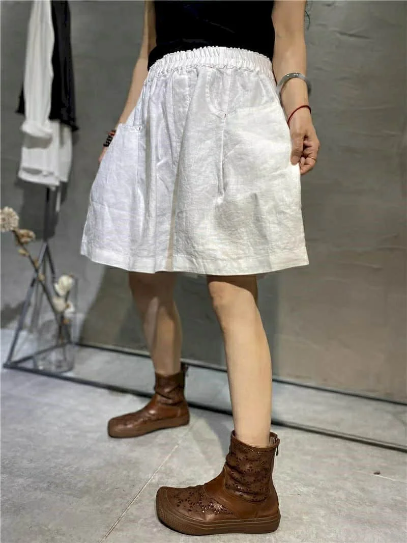Cotton Linen Shorts Women Summer  Vintage Elastic Waist Wide Leg Pants Casual Loose Oversized Five-point Shorts Women Clothing