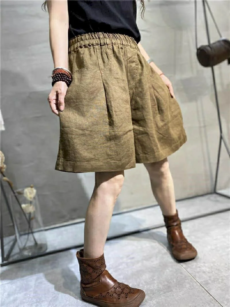 Cotton Linen Shorts Women Summer  Vintage Elastic Waist Wide Leg Pants Casual Loose Oversized Five-point Shorts Women Clothing