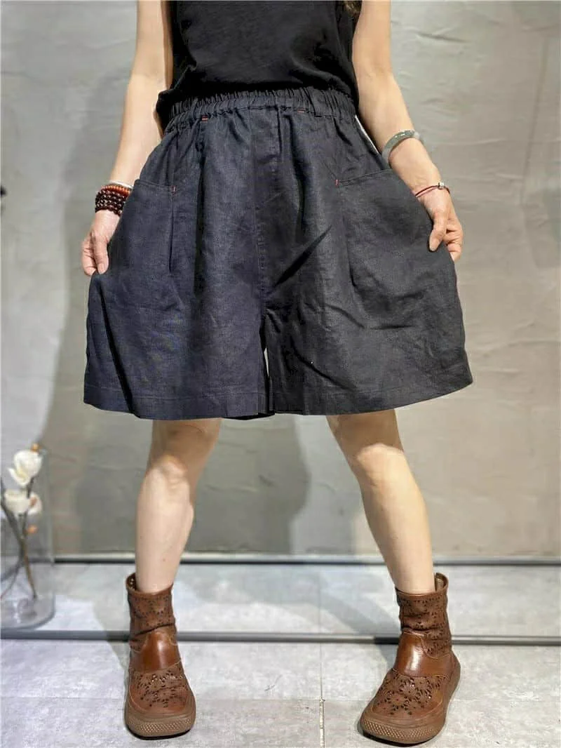 Cotton Linen Shorts Women Summer  Vintage Elastic Waist Wide Leg Pants Casual Loose Oversized Five-point Shorts Women Clothing